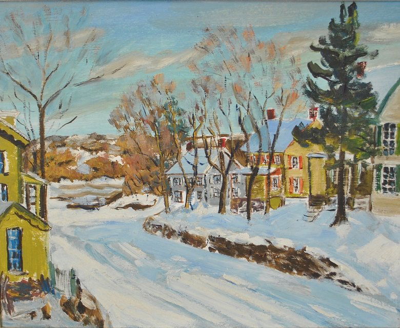 Oil on artist board painting of a village snow scene by (1 of 2)