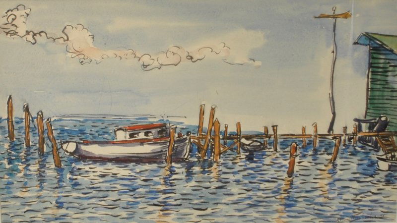 Framed and matted watercolor painting titled "The Dock (1 of 4)