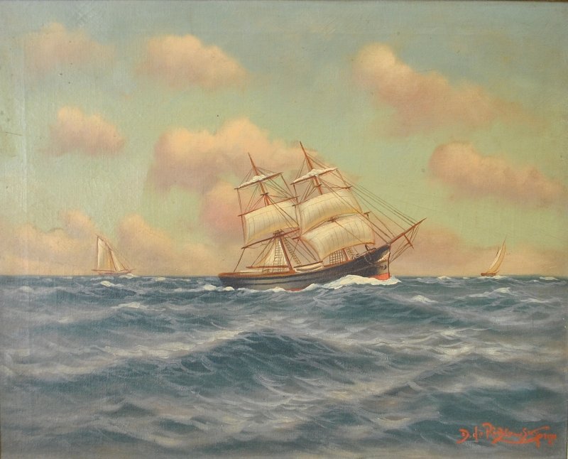 Oil on canvas painting of a two-masted ship, signed (1 of 3)