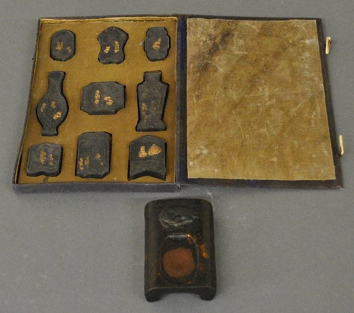 Chinese inkstone together with cased sticks, probably: Chinese inkstone together with cased sticks, probably 19th c. 1.25"h.