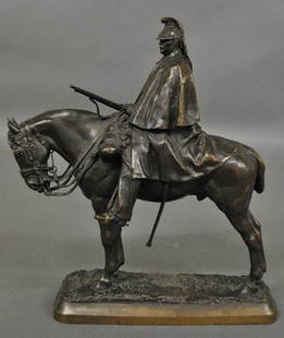 Tourgueneff, Pierre Nicholas [Russian, 1854-1912]: Tourgueneff, Pierre Nicholas [Russian, 1854-1912] fine bronze of a soldier on horseback, titled “Dragon en vendetta”, signed “Pierre Tourgueneff”. 16”h.x14”l.x4”w.