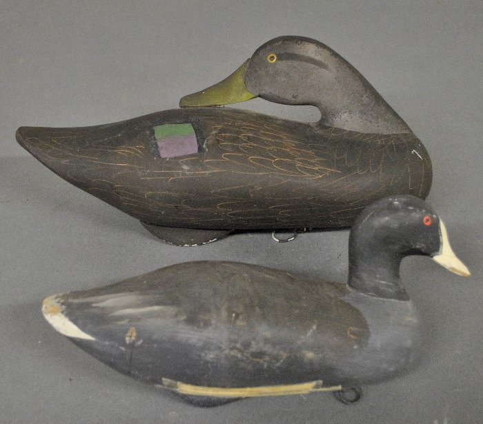 Black duck decoy signed “Capt. H.R. Jobes”: Black duck decoy signed “Capt. H.R. Jobes” 6”h.x15”l., together with a coot decoy by Jim Pierce.