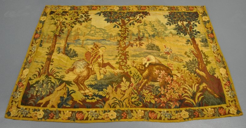 German tapestry of a boar hunt, 19th c. 47"h.x66"w. (1 of 3)