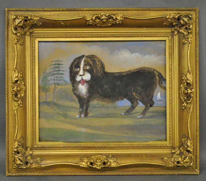 Folk art gouache on canvas painting of a dog, unsigned. (1 of 2)