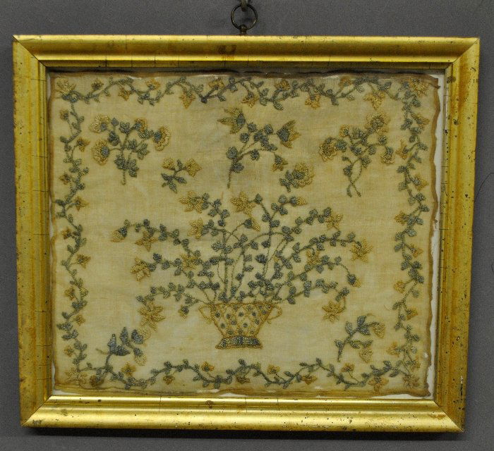 Silk on linen needlework of a basket of flowers, 19th (1 of 1)