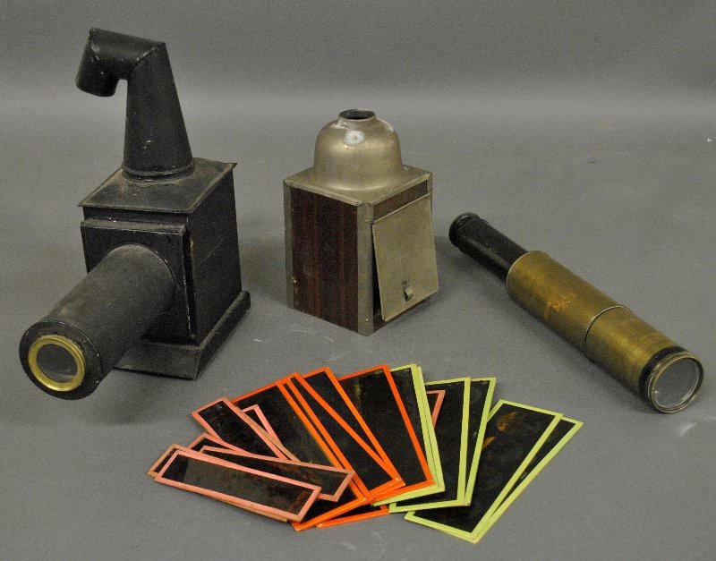 Two magic lanterns with slides, largest 12"h., and a (1 of 4)