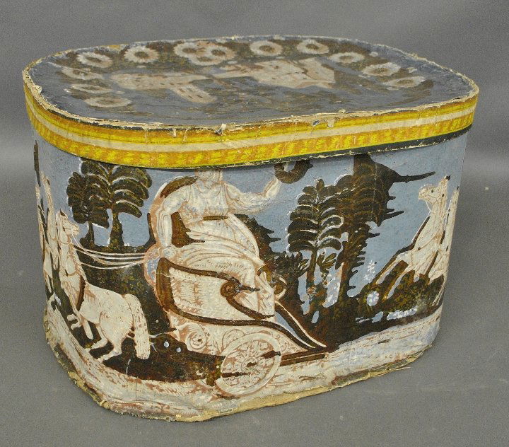 Oval hand-painted hatbox with original label "Joseph S. (1 of 3)