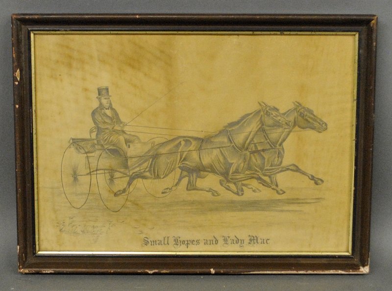 Pencil drawing of two trotting horses pulling a buggy: Pencil drawing of two trotting horses pulling a buggy with rider titled "Small Hopes and Lady Mac", c.1870. Site-11"h.x16.5"w.