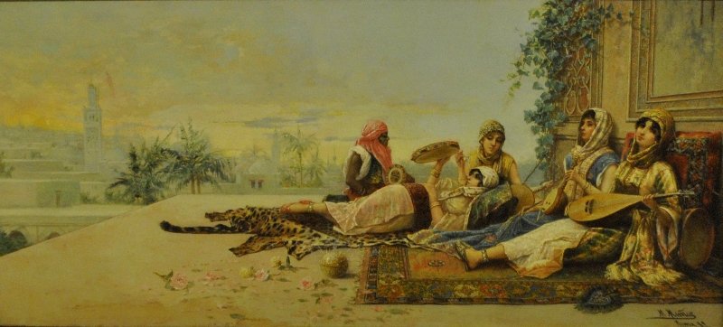 Oil on wood panel painting of a harem of women with: Oil on wood panel painting of a harem of women with musical instruments, signed l.r. A(?) Munoz, Roma 89", possibly Antonio Munoz Degrain [Spain 1840-1924]. Site-9"h.x21"w.