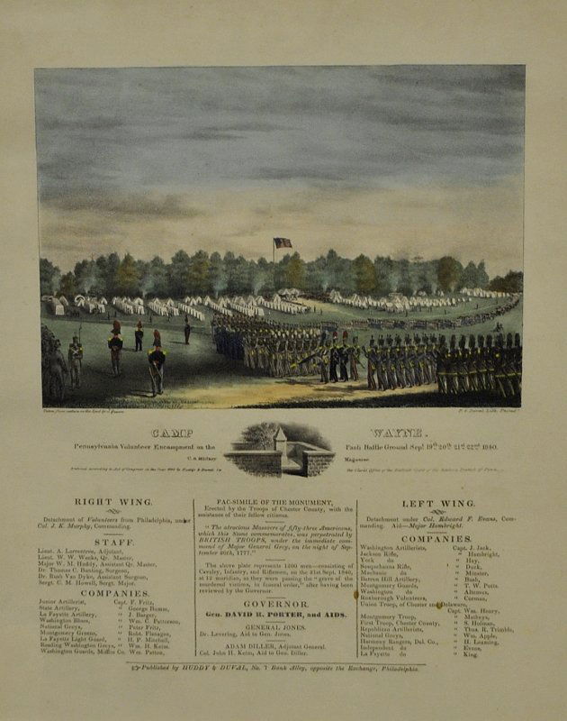 Rare framed and matted P.S. Duvall lithograph titled: Rare framed and matted P.S. Duvall lithograph titled "'Camp Wayne' PA. Vol. encampment on the Paoli Battleground Sept 19, 20, 21, 22, 1840". 16"h.x13.5"w.