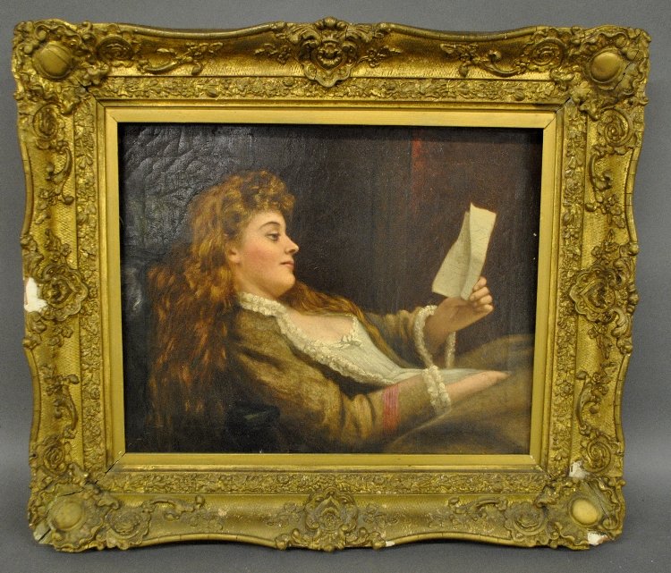 Pre-Raphaelite oil on canvas portrait of a woman: Pre-Raphaelite oil on canvas portrait of a woman reading a love letter, singed l.l. “F.R. 85”. Site-14”h.x18”w.