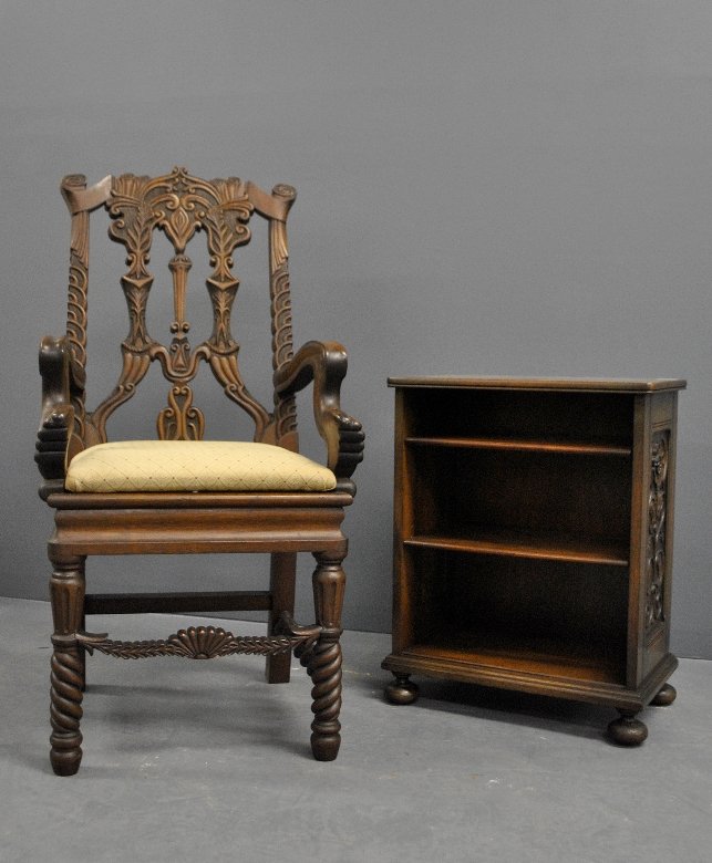 Carved mahogany armchair tog. with a mahogany bookrack (1 of 2)