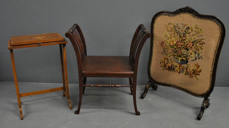 French needlepoint fruitwood fire screen, 39"h., an oak (1 of 1)