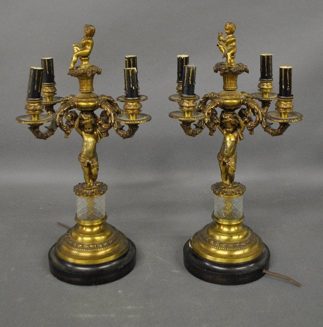 Pair of French gilt metal four-light candelabra, (1 of 2)