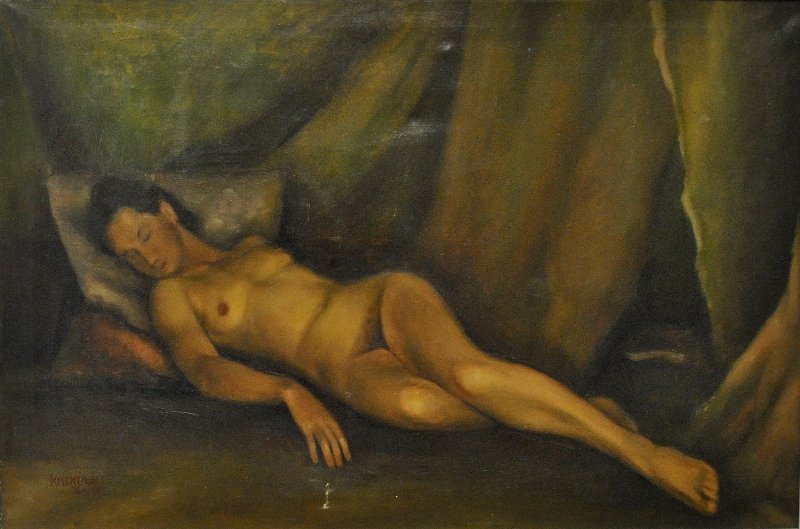 Large oil on canvas painting, possibly Hungarian: Large oil on canvas painting, possibly Hungarian, of a reclining female nude, signed l.l. “Kisskovacs Bln942”. Site-30”h.x45”w.