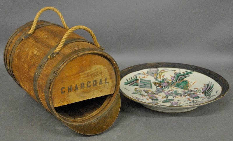 Asian porcelain charger 16â€dia., late 20th c., and a: Asian porcelain charger 16â€dia., late 20th c., and a wood charcoal bucket 17.5â€h.