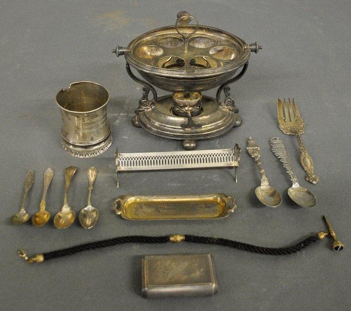 Silverplate oval egg warmer, 8”h., with sterling silver (1 of 3)