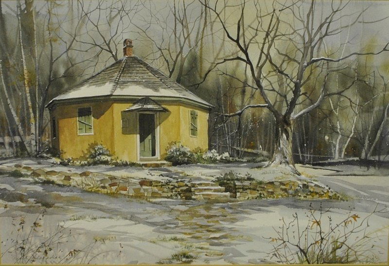 Framed and matted print of the octagonal school house: Framed and matted print of the octagonal school house by Pearl Slobodian. Site- 14.5”h.x21”w.