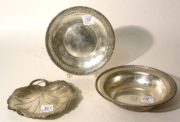 Grouping of sterling silver tableware- leaf form d: Grouping of sterling silver tableware- leaf form dish (9.25"l) by Reed & Barton, circular dish (10" diam.) and a centerpiece bowl (10" diam.), both by Watson, Div. of Wallace Silversmiths.