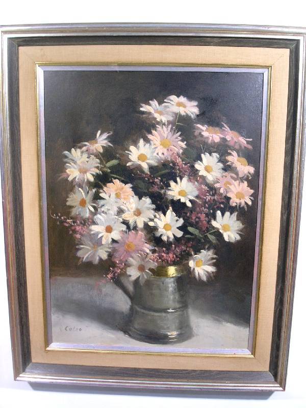 Oil on masonite painting of flowers signed "R. Col: Oil on masonite painting of flowers signed "R. Colao".