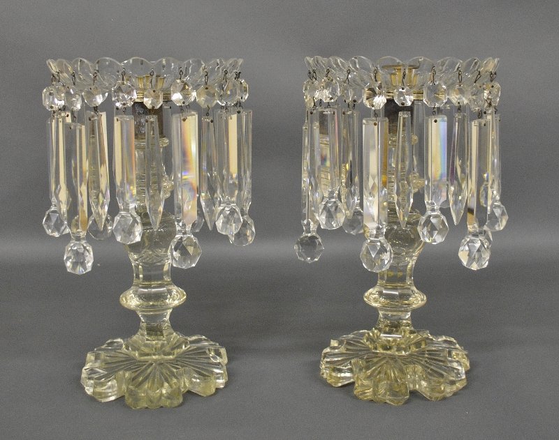 Pair of cut glass candlesticks with drop prisms, circa (1 of 1)