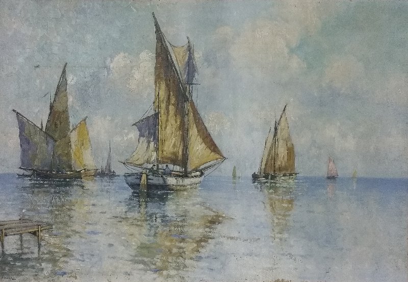 Oil on canvas painting of sailing ships, probably: Oil on canvas painting of sailing ships, probably Dutch, signed lower left "Hansen." 26.25" x 38.25"