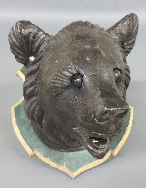 Black Forest carved bear head with glass eyes. 9" h x (1 of 1)
