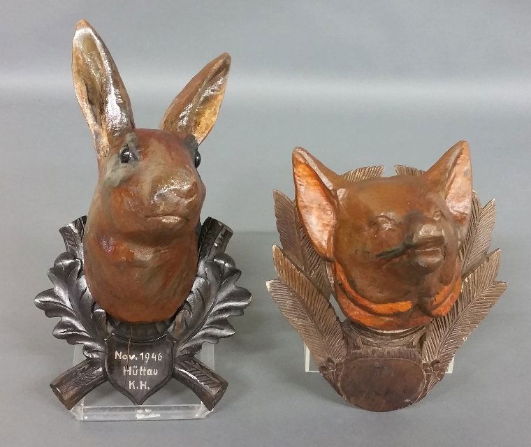 Black Forest carved rabbit head with glass eyes, dated (1 of 1)