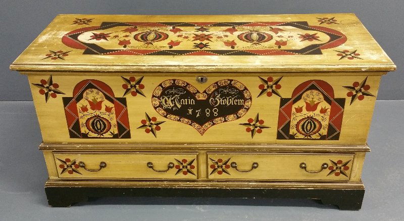 Decorated pine dowry chest with two drawers and labeled (1 of 2)