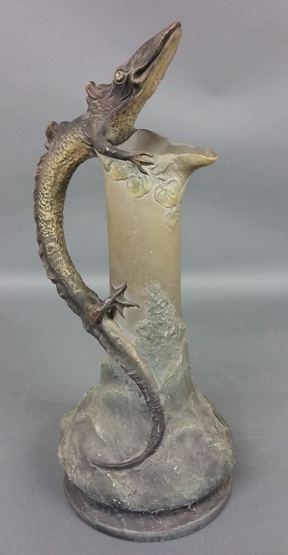 Unusual Art Nouveau pottery pitcher with lizard form (1 of 3)