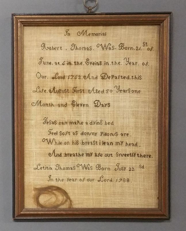 Memorial sampler of Robert Thomas, born 21 of June 1762 (1 of 1)