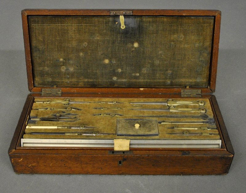 Mahogany cased drafting set with a brass inlaid oval (1 of 3)