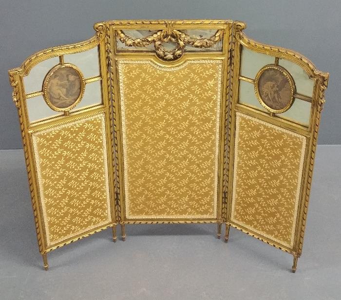 French three-panel gilded framed with glass and fabric (1 of 2)