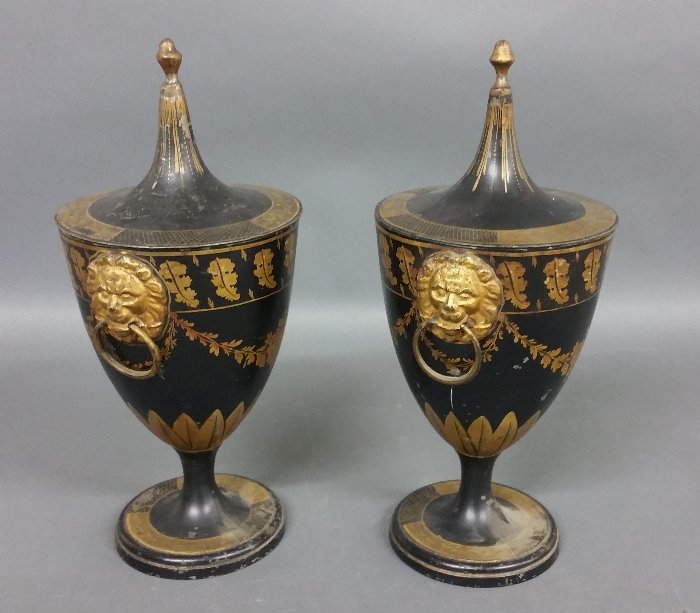 Pair of French pewter toleware covered urns with lion (1 of 1)