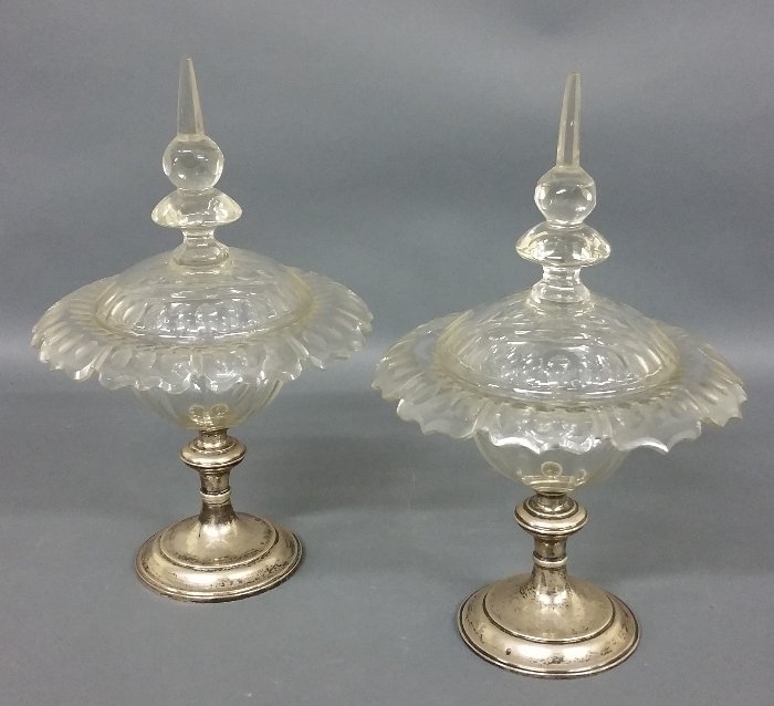 Pair of English silver and crystal compotes. 15 Â¼" h x (1 of 2)