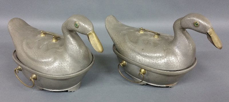 Pair of Chinese pewter duck form covered vegetable (1 of 3)