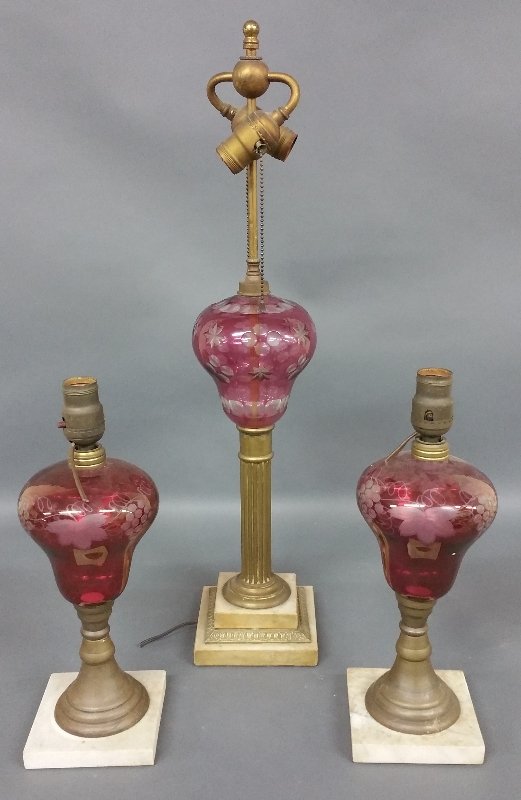 Three Parkesburg style oil lamps, each with cranberry (1 of 1)