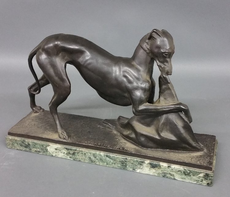 Weems, Katharine Ward Lane [United States, 1899 â€“: Weems, Katharine Ward Lane [United States, 1899 â€“ 1989], bronze of whippet playing with blanket on marble base, signed "Katharine W. Lane." 8 Â½" h x 13 Â½" l x 3 Â¾" w