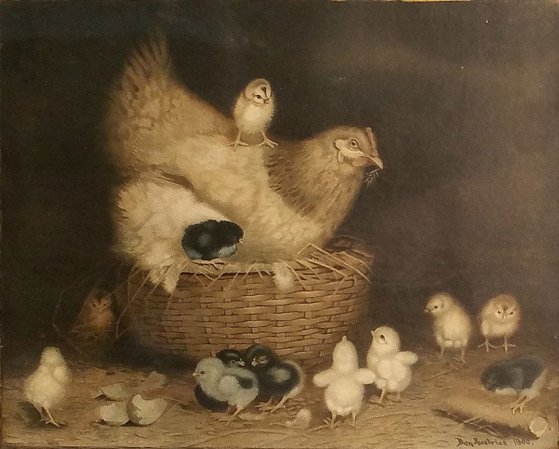 Vintage Ben Austrian lithograph of hen and chicks dated (1 of 2)