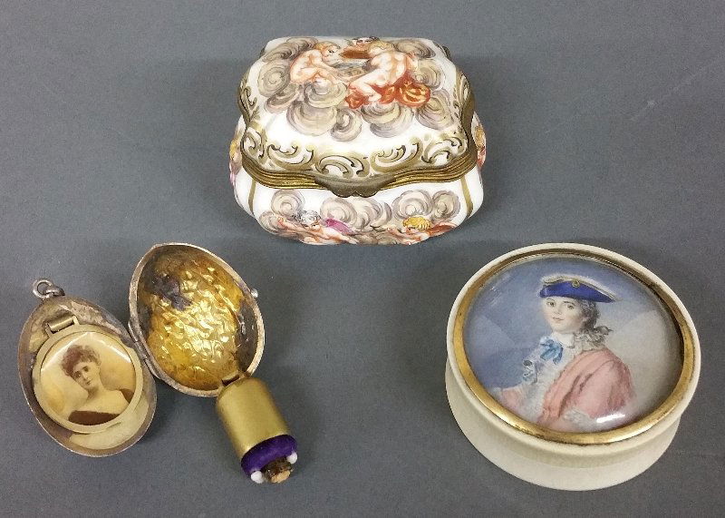 Capo-di-Monte porcelain box (as found), miniature: Capo-di-Monte porcelain box (as found), miniature painted on bone portrait of a young man, silver walnut locket, early 19th century. Box 2" x 2 Â½", portrait 2 Â¼" diameter
