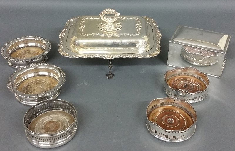 Silverplate coasters, vegetable dish, dish cross, and a (1 of 2)