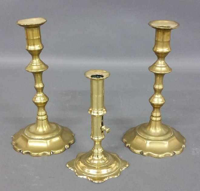Pair of English Queen Anne brass candlesticks and a (1 of 3)