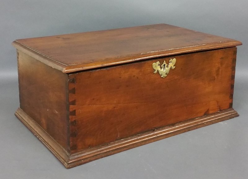 Early Pennsylvania walnut storage box, 1760, the lid: Early Pennsylvania walnut storage box, 1760, the lid written in chalk "Rachael Rees her box," Rachel Rees married John Salter of Tacony, PA in 1760. 9 .5" h x 23.5" w x 14.25" d