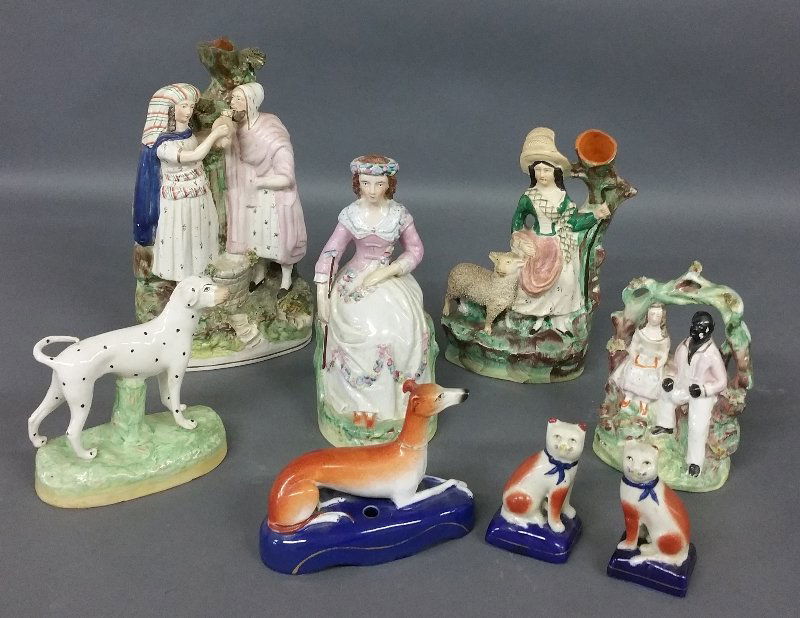 Eight pieces of Staffordshire to include large spill (1 of 2)