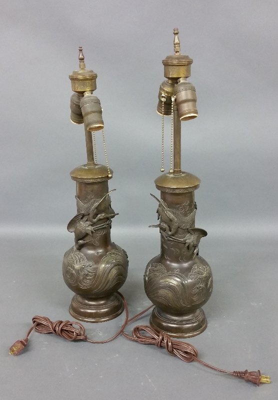 Pair of Japanese bronze urns converted to table lamps. (1 of 2)
