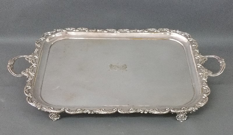 Large silver plate serving tray with engraved armorial (1 of 2)