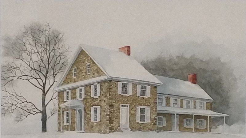 Framed and matted watercolor of Washington headquarters: Framed and matted watercolor of Washington headquarters possibly by local artist John Kaiser. Site: 10.5" h x 18" w