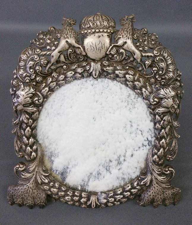 Silverplate repousse table mirror with armorial crest (1 of 1)