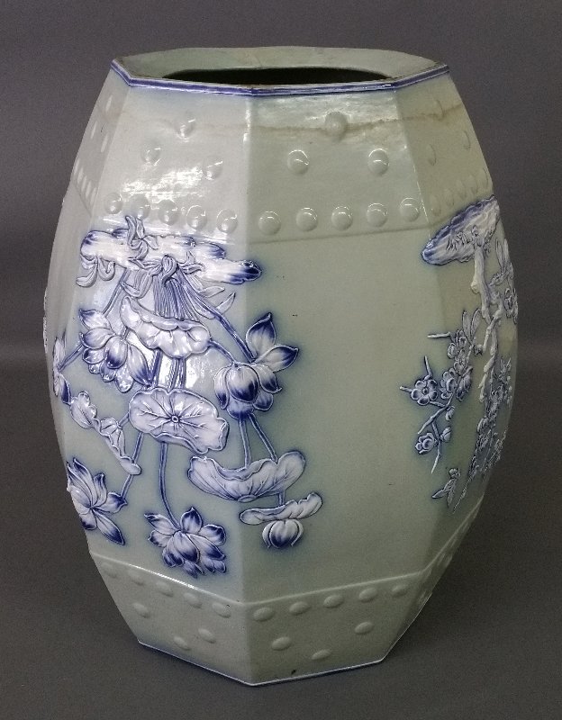 Asian celadon porcelain garden seat, circa 1900. 18: Asian celadon porcelain garden seat, circa 1900. 18 inches high