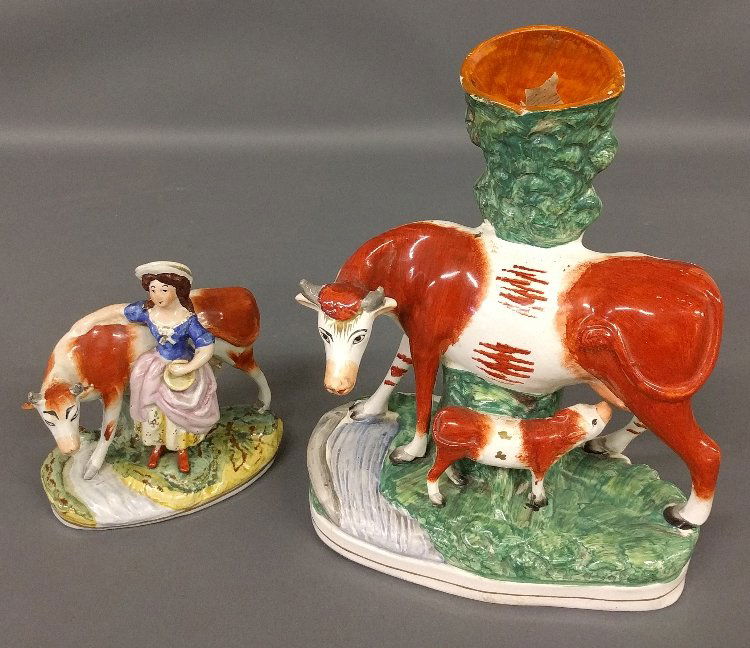 Large Staffordshire cow spill vase with calf, late 19th (1 of 2)